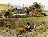 Children Playing On A Path, Cottages Beyond by William Stephen Coleman